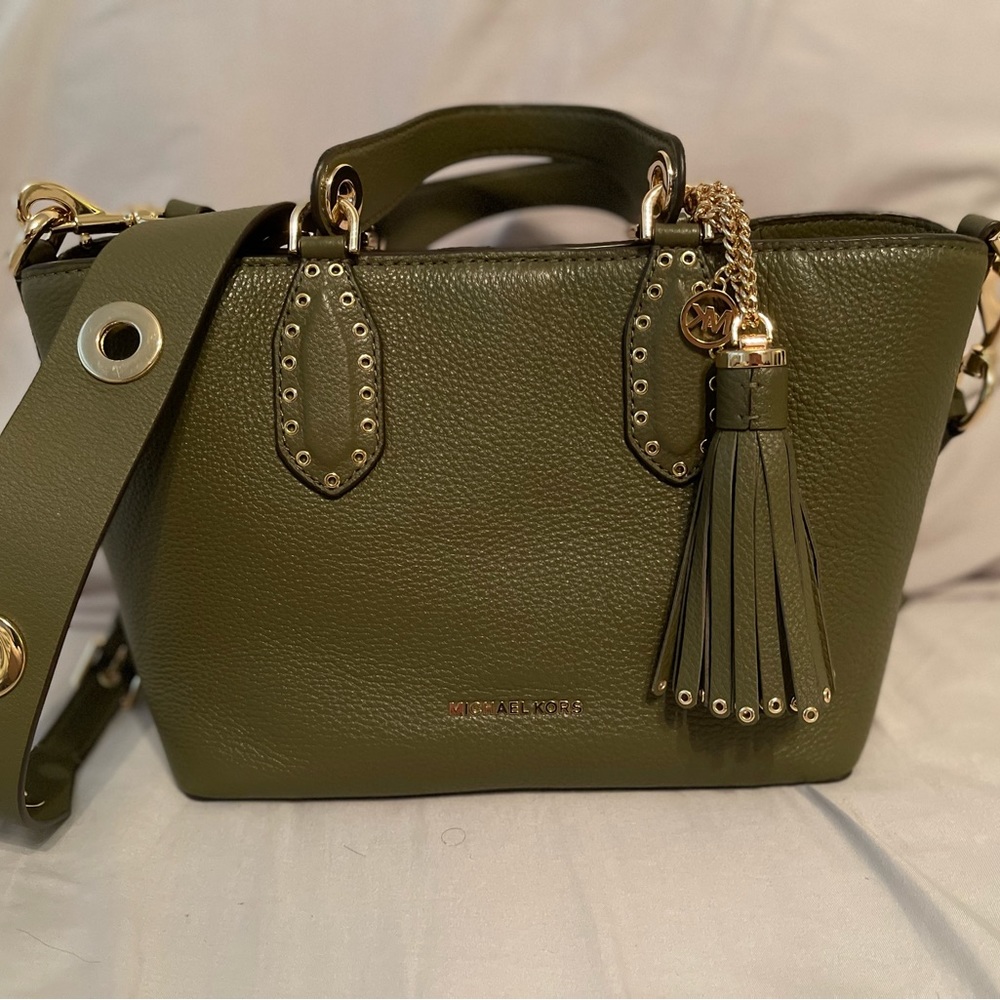 MICHAEL KORS Brooklyn Small Leather Tote Satchel Bag Crossbody Bag - Olive Green